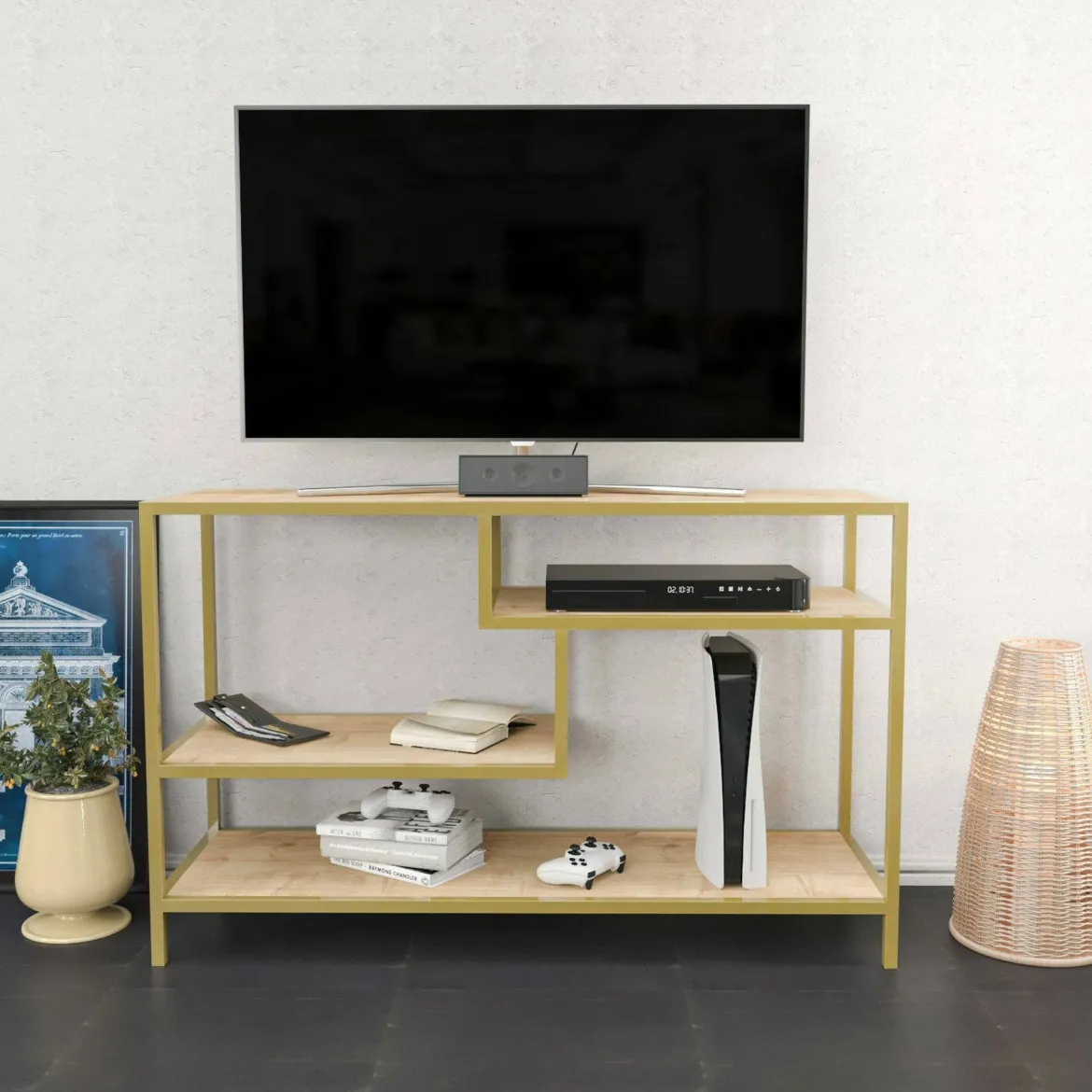 Porta TV oro e quercia 120x39x75h cm in legno - Ivette