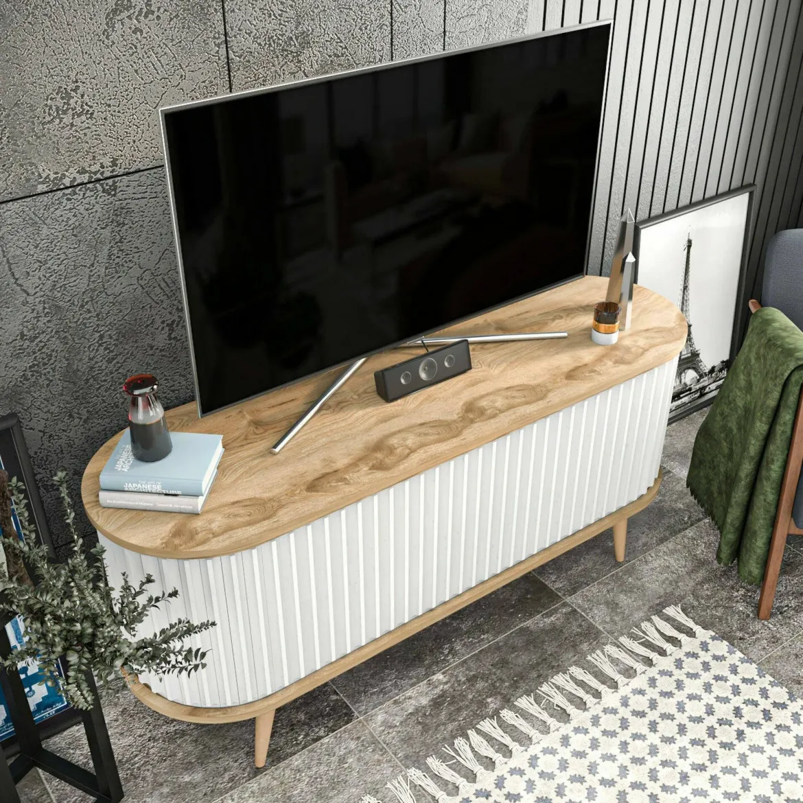 Porta TV quercia e bianco 140x43x64h cm 2 ante - Bailu