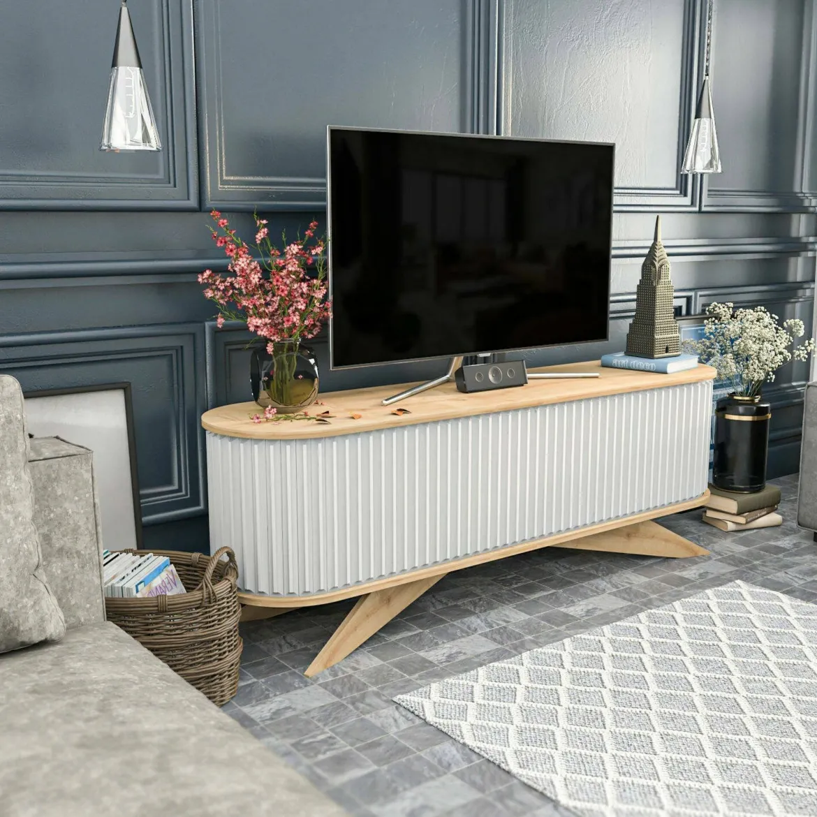 Porta TV quercia e bianco 180x44x44h cm 3 ante - Axi
