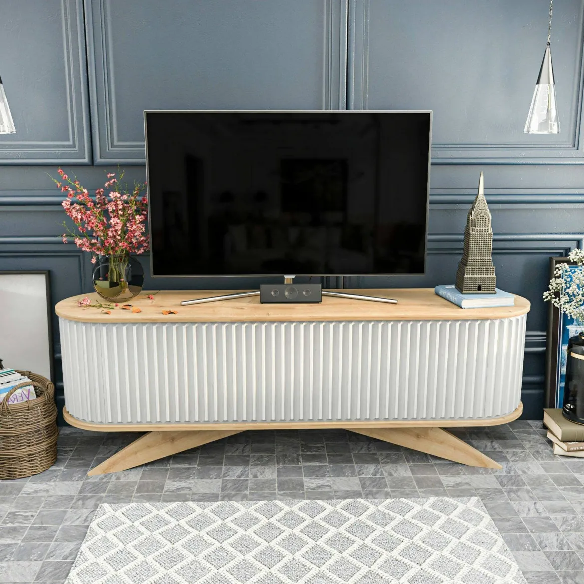 Porta TV quercia e bianco 180x44x44h cm 3 ante - Axi