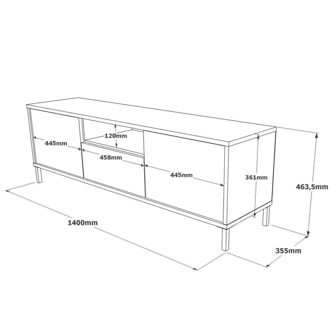 Porta TV quercia e nero 140x35x46h cm 3 ante - Khagan