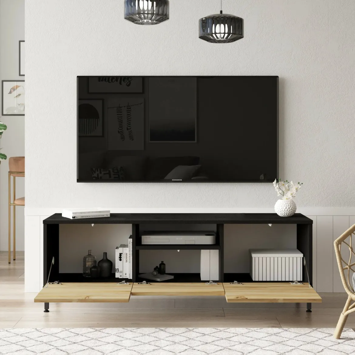 Porta TV quercia e nero 140x35x46h cm 3 ante - Khagan