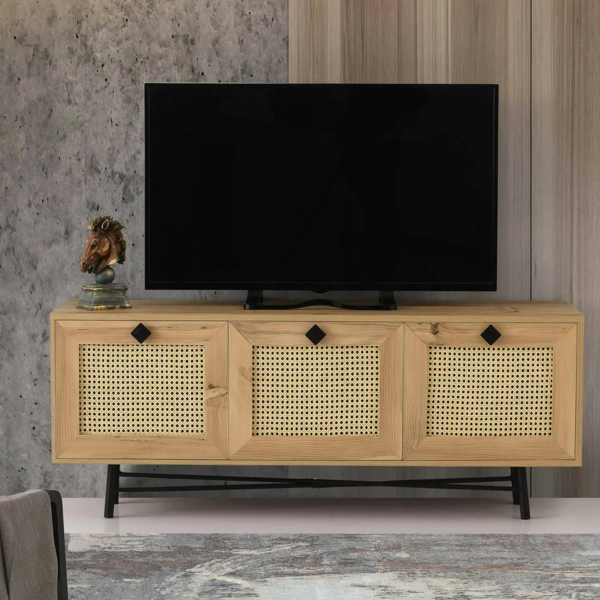 Porta TV quercia e nero 140x40x60h cm 3 ante - Assemini