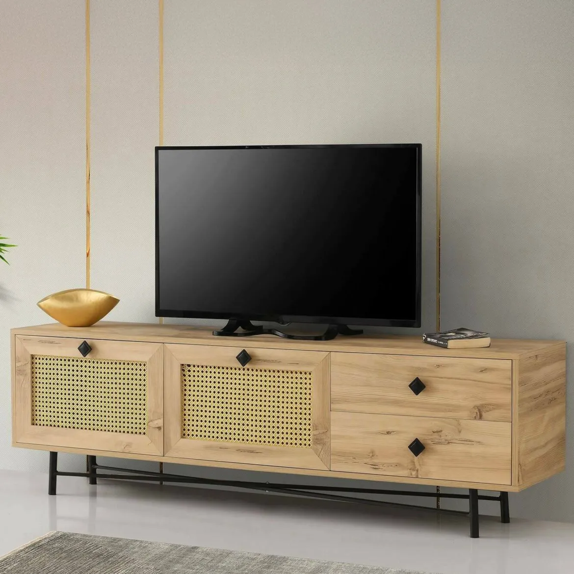 Porta TV quercia e nero 180x40x60h cm 2 ante e 2 cassetti - Apollinare