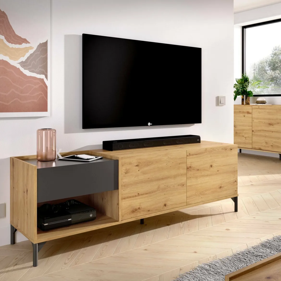 Porta TV rovere nodi e antracite 165x40x46h cm modulabile - Argon