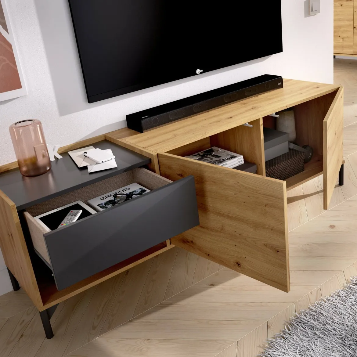 Porta TV rovere nodi e antracite 165x40x46h cm modulabile - Argon
