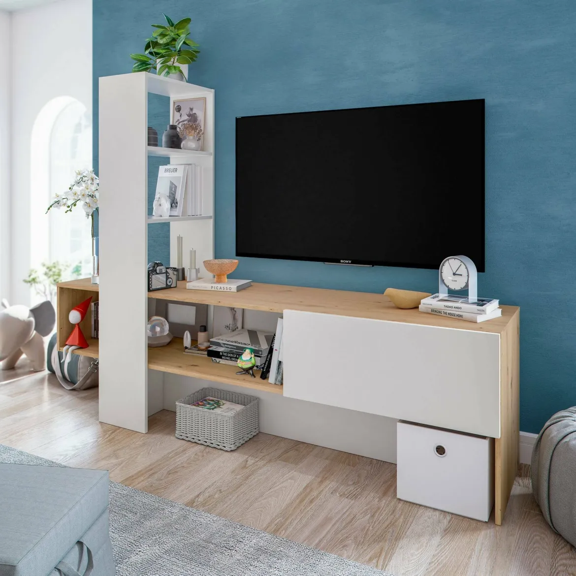 Porta TV rovere nodi e bianco lucido 178x43x136h cm in legno - Isa