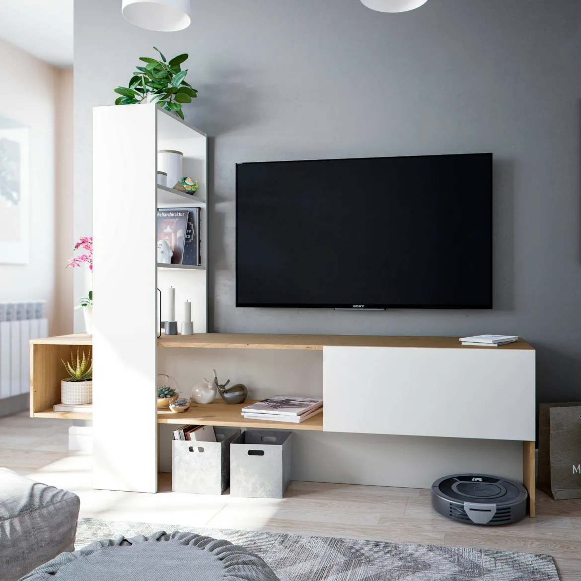 Porta TV rovere nodi e bianco lucido 178x43x136h cm in legno - Isa