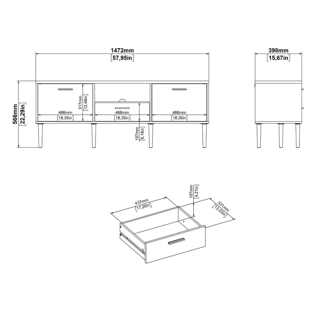 Porta TV rovere 147x39x56h cm 2 ante e 1 cassetto - elie