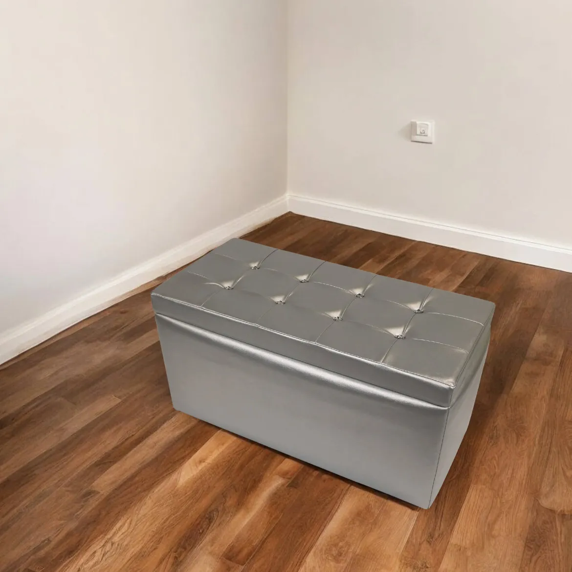 Pouf contenitore imbottito in ecopelle 90x45x45h cm argento - Felicita