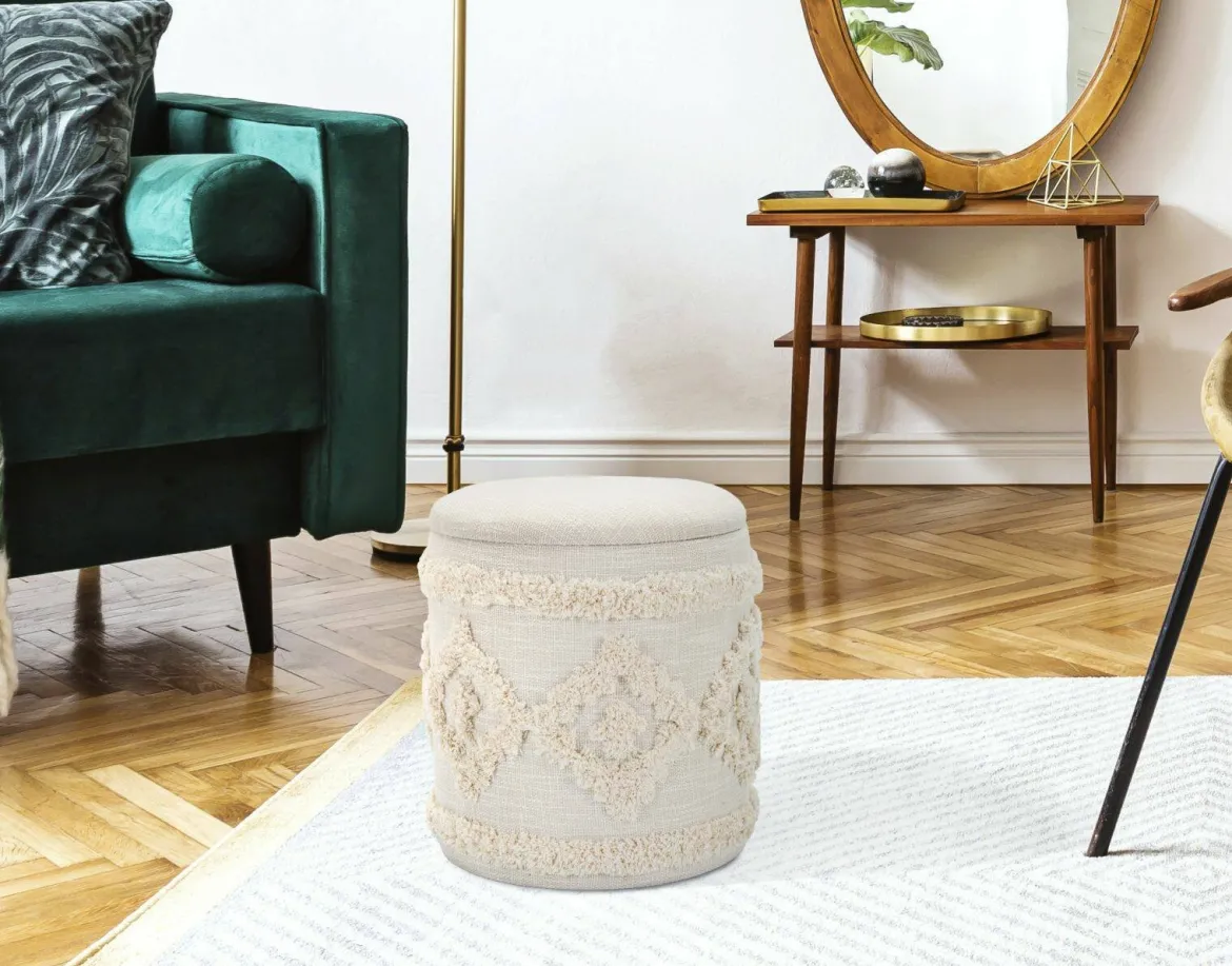 Pouf contenitore rotondo in tessuto 35x35x40h cm bianco - Jarrar