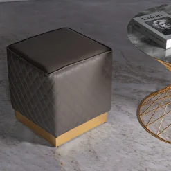 Pouf Grigio Tortora oro Rivestimento Trapuntato in Ecopelle Forma Quadrato 38x38x38h cm, Colore Struttura oro - Daseloba