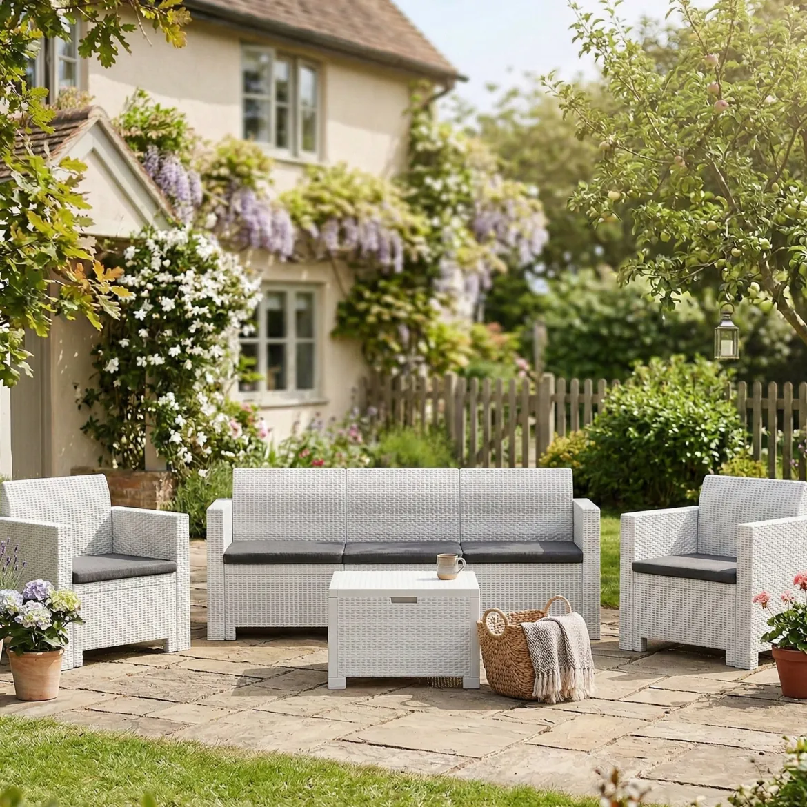 Salotto da cortile poltrone e divano effetto rattan bianco - Admiral