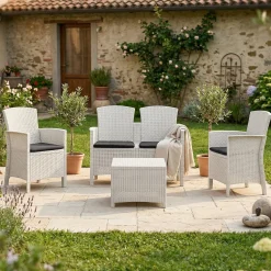 Salotto da esterno 4 poltrone e 1 divano con tavolino contenitore bianco - Asiak