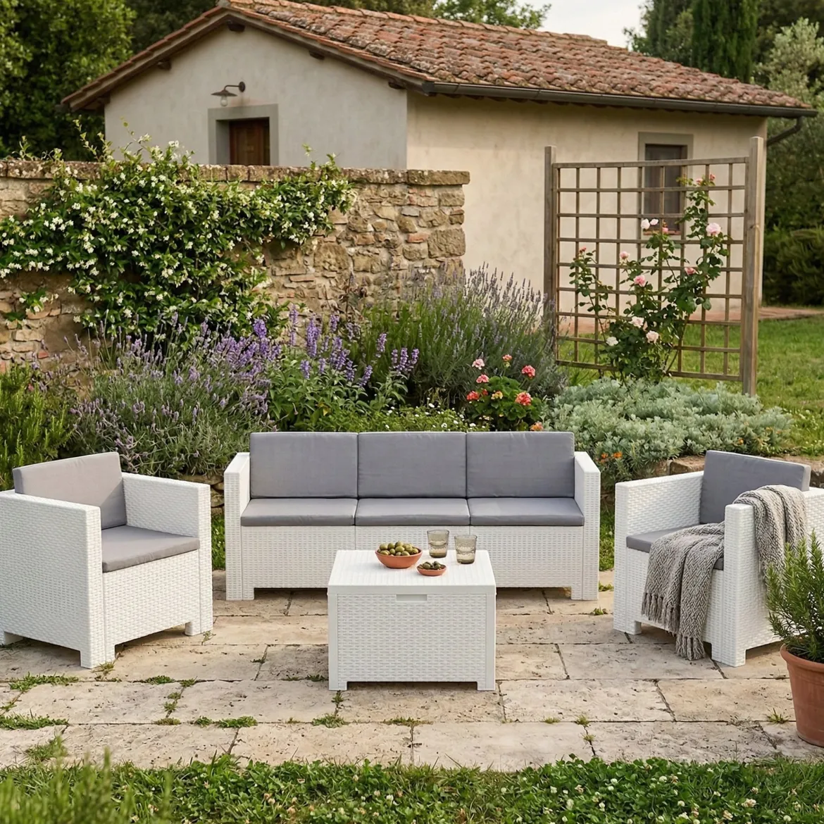 Salotto da esterno 5 posti e 1 tavolo effetto rattan bianco - Somnus