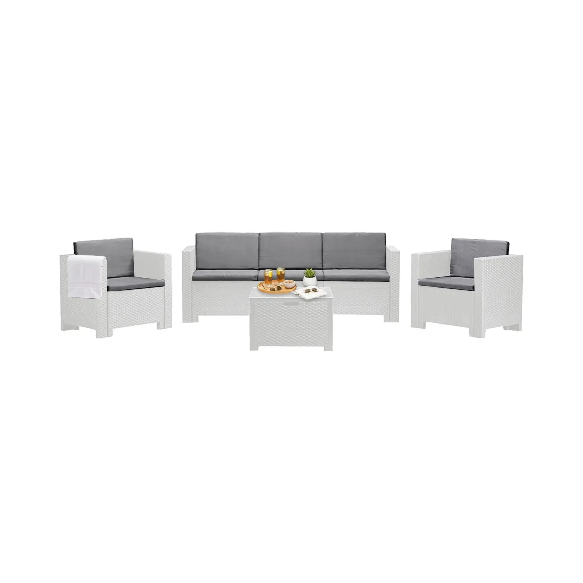 Salotto da esterno 5 posti e 1 tavolo effetto rattan bianco - Somnus