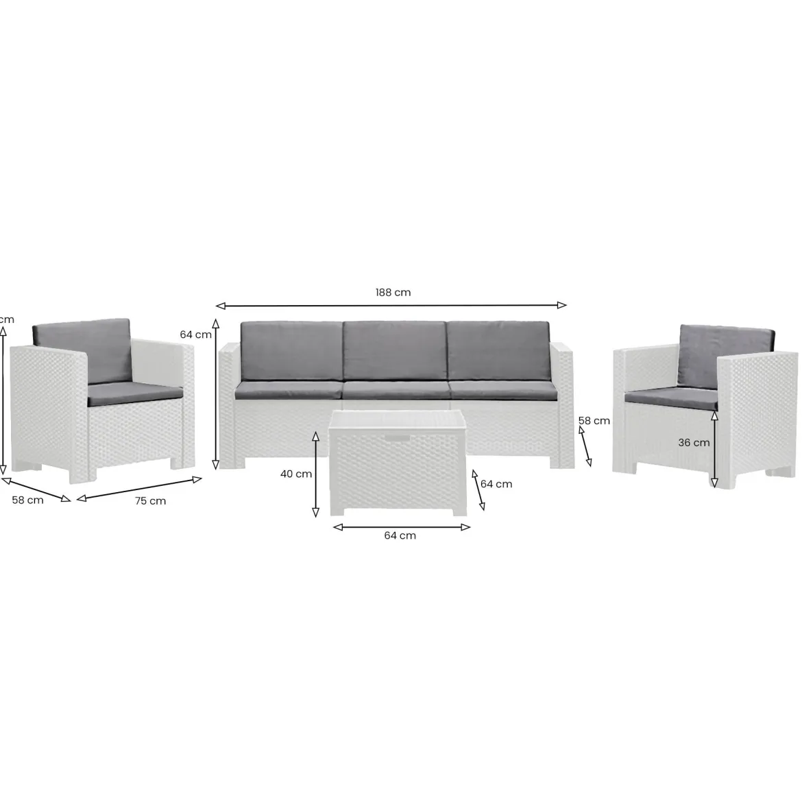 Salotto da esterno 5 posti e 1 tavolo effetto rattan bianco - Somnus