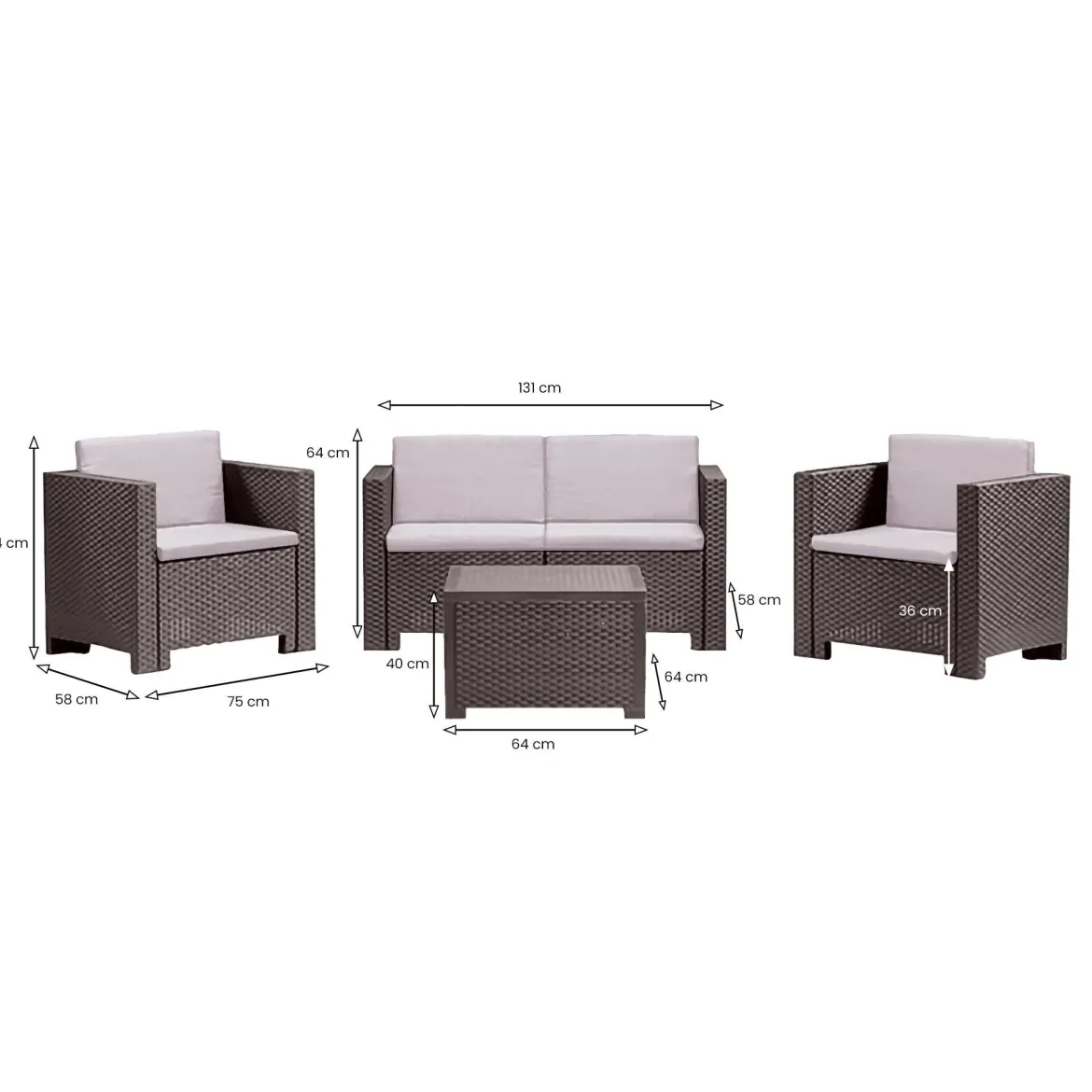 Salotto da giardino poltrone e divano effetto rattan marrone - Camisano
