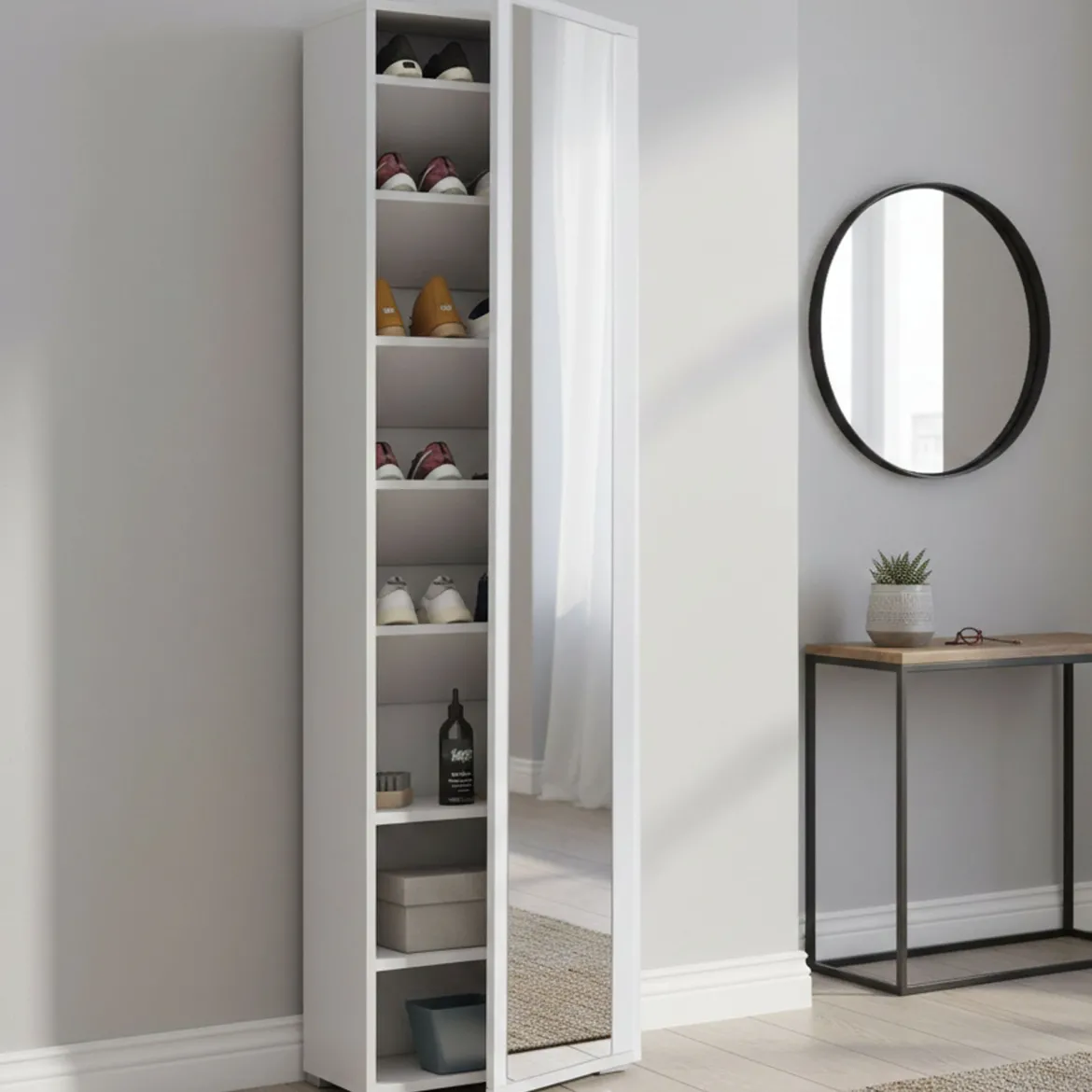 Scarpiera alta bianca 50x182h cm anta a specchio - Asiago