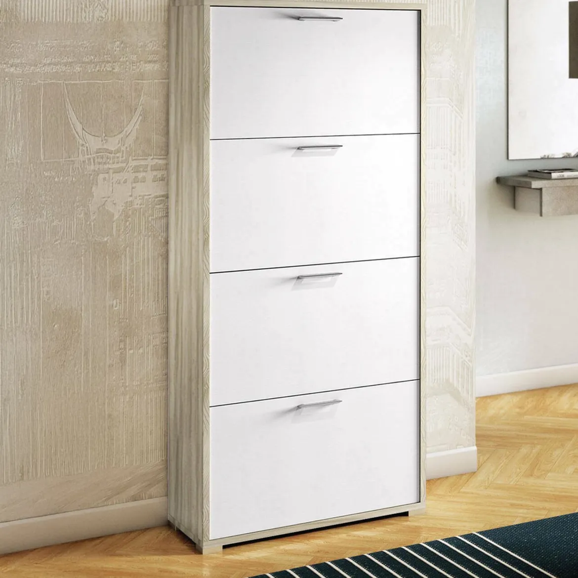 Scarpiera 4 ante bianca e rovere 67x147h cm in legno - Adeindein