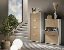 Scarpiera Bianco Beige un Ripiano 18 Paia 67x28x112h cm, 3 Vani - Entellina