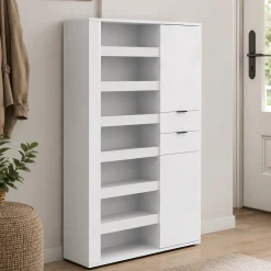 Scarpiera Bianco Lucido 2 Cassetti 8 Ripiani 120x35x178h cm, 28 Paia - Rotondo