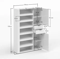 Scarpiera Bianco Lucido 2 Cassetti 8 Ripiani 120x35x178h cm, 28 Paia - Rotondo