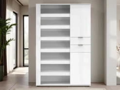 Scarpiera Bianco Lucido 2 Cassetti 8 Ripiani 120x35x178h cm, 28 Paia - Rotondo