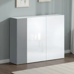 Scarpiera Bianco Lucido Grigio 10 Ripiani 28 Paia 145x34x115h cm, 12 Vani - Caresana