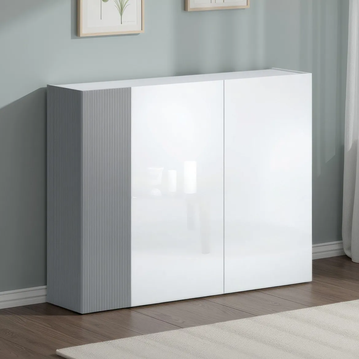 Scarpiera Bianco Lucido Grigio 10 Ripiani 28 Paia 145x34x115h cm, 12 Vani - Caresana