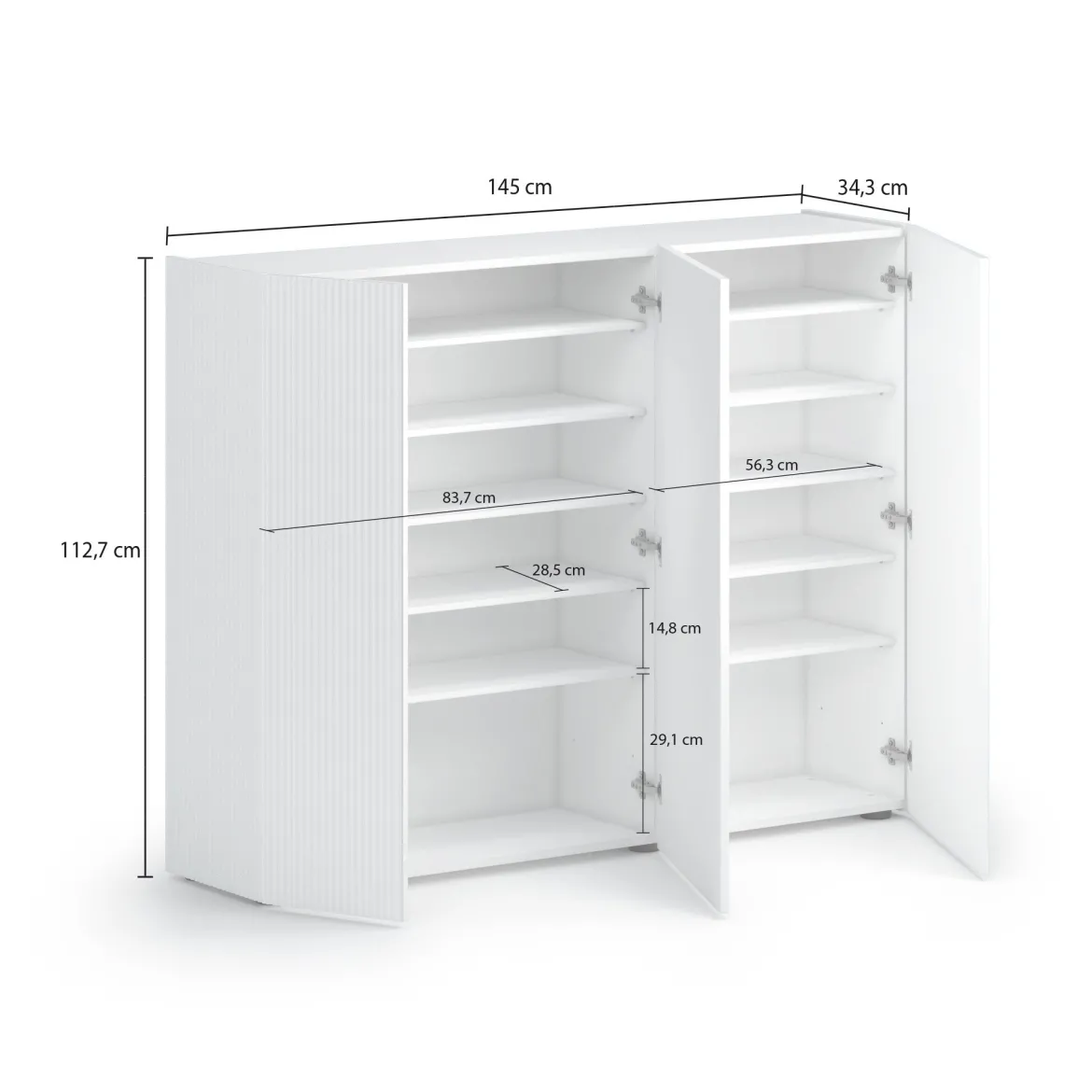 Scarpiera Bianco Lucido Grigio 10 Ripiani 28 Paia 145x34x115h cm, 12 Vani - Caresana