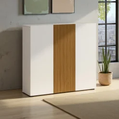 Scarpiera Bianco Lucido Marrone Rovere 10 Ripiani 24 Paia 120x34x115h cm, 3 Ante - Palasio