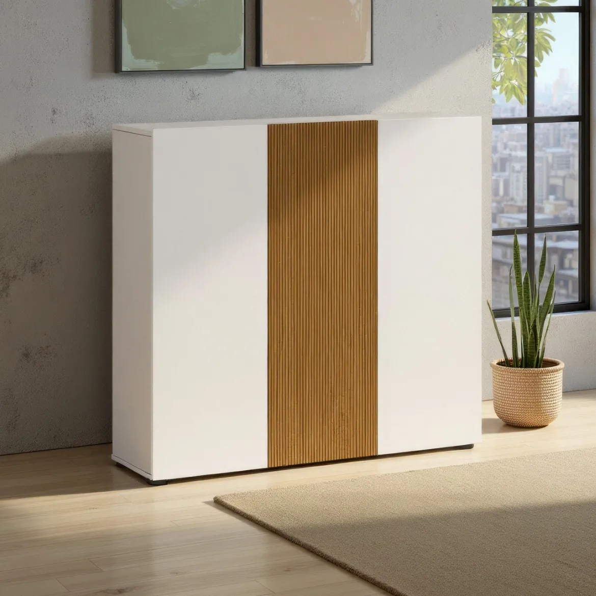 Scarpiera Bianco Lucido Marrone Rovere 10 Ripiani 24 Paia 120x34x115h cm, 3 Ante - Palasio