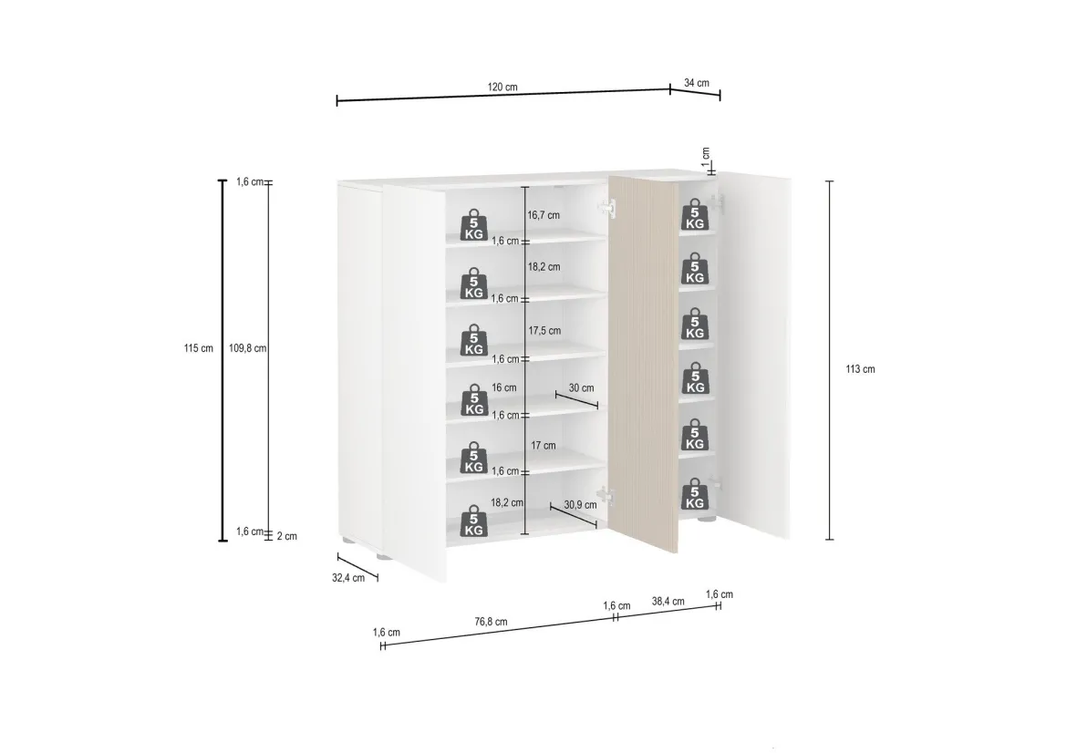 Scarpiera Bianco Lucido Marrone Rovere 10 Ripiani 24 Paia 120x34x115h cm, 3 Ante - Palasio