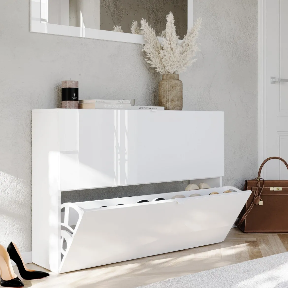 Scarpiera Bianco Lucido 20 Paia 2 Ante 110x25x75h cm, Anta a Ribalta - Lovero