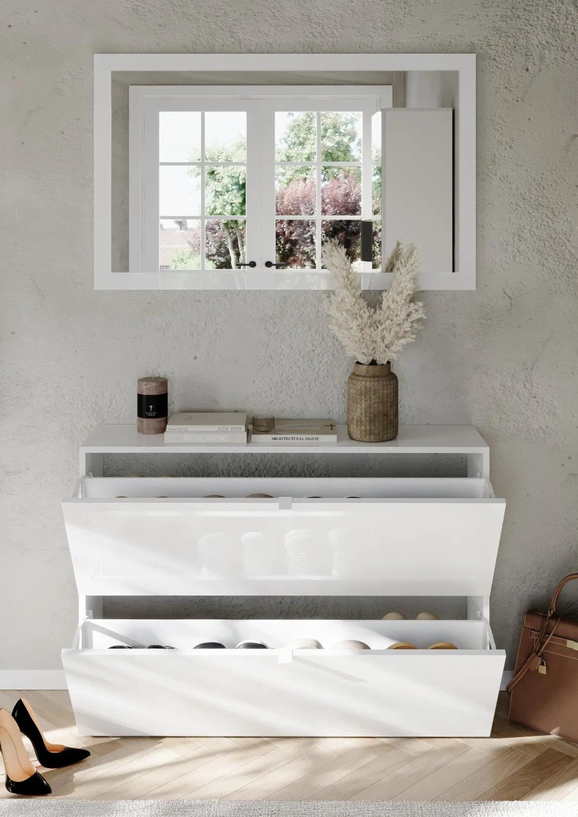 Scarpiera Bianco Lucido 20 Paia 2 Ante 110x25x75h cm, Anta a Ribalta - Lovero