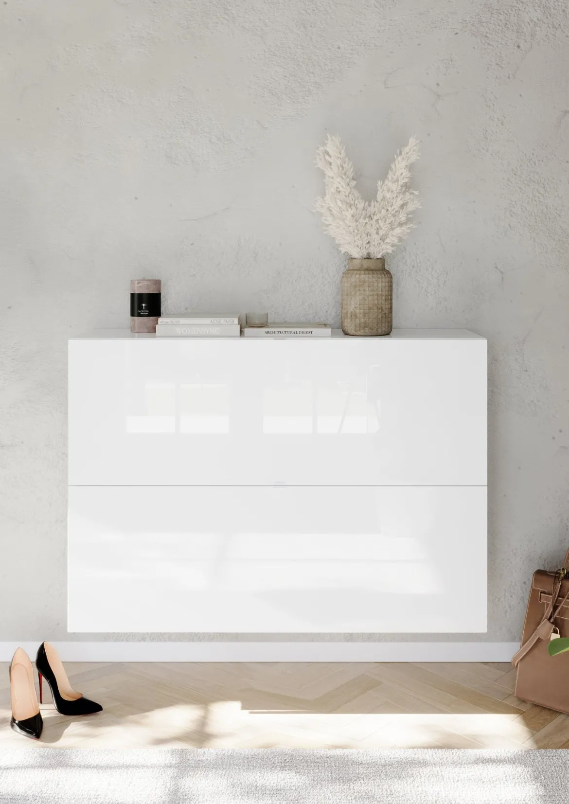 Scarpiera Bianco Lucido 20 Paia 2 Ante 110x25x75h cm, Anta a Ribalta - Lovero