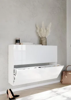 Scarpiera Bianco Lucido 20 Paia 2 Ante 110x25x75h cm, Anta a Ribalta - Lovero