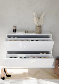 Scarpiera Bianco Lucido 20 Paia 2 Ante 110x25x75h cm, Anta a Ribalta - Lovero