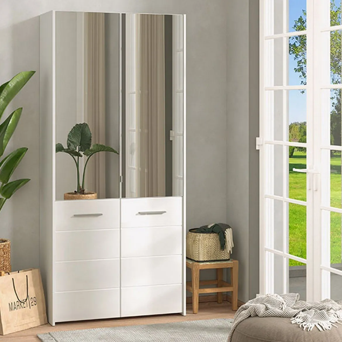 Scarpiera Bianco 8 Ripiani 4 Ante 89.5x37.5x199h cm, con Specchio - Trabia