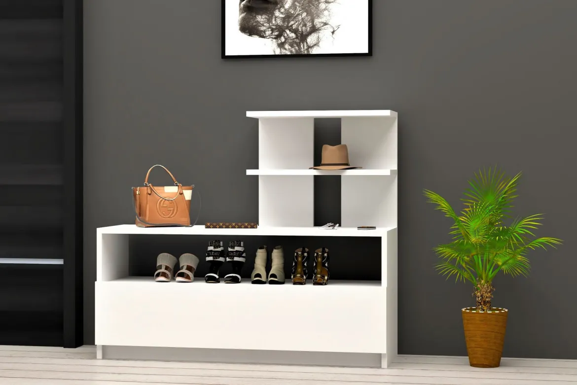 Scarpiera Bianco 4 Ripiani 12 Paia 100x30x85h cm, Un'anta - Sinni
