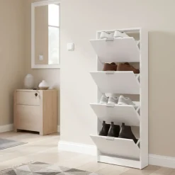 Scarpiera Bianco un Ripiano 4 Ante 58x18x155.5h cm, kit Fissaggio a Muro Incluso - Pesche