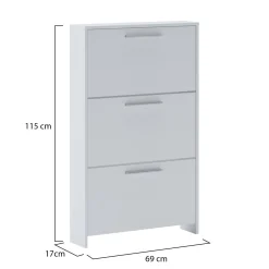 Scarpiera Bianco 3 Vani 3 Ante 69x17x115h cm, Chiusura a Ribalta - Ossi