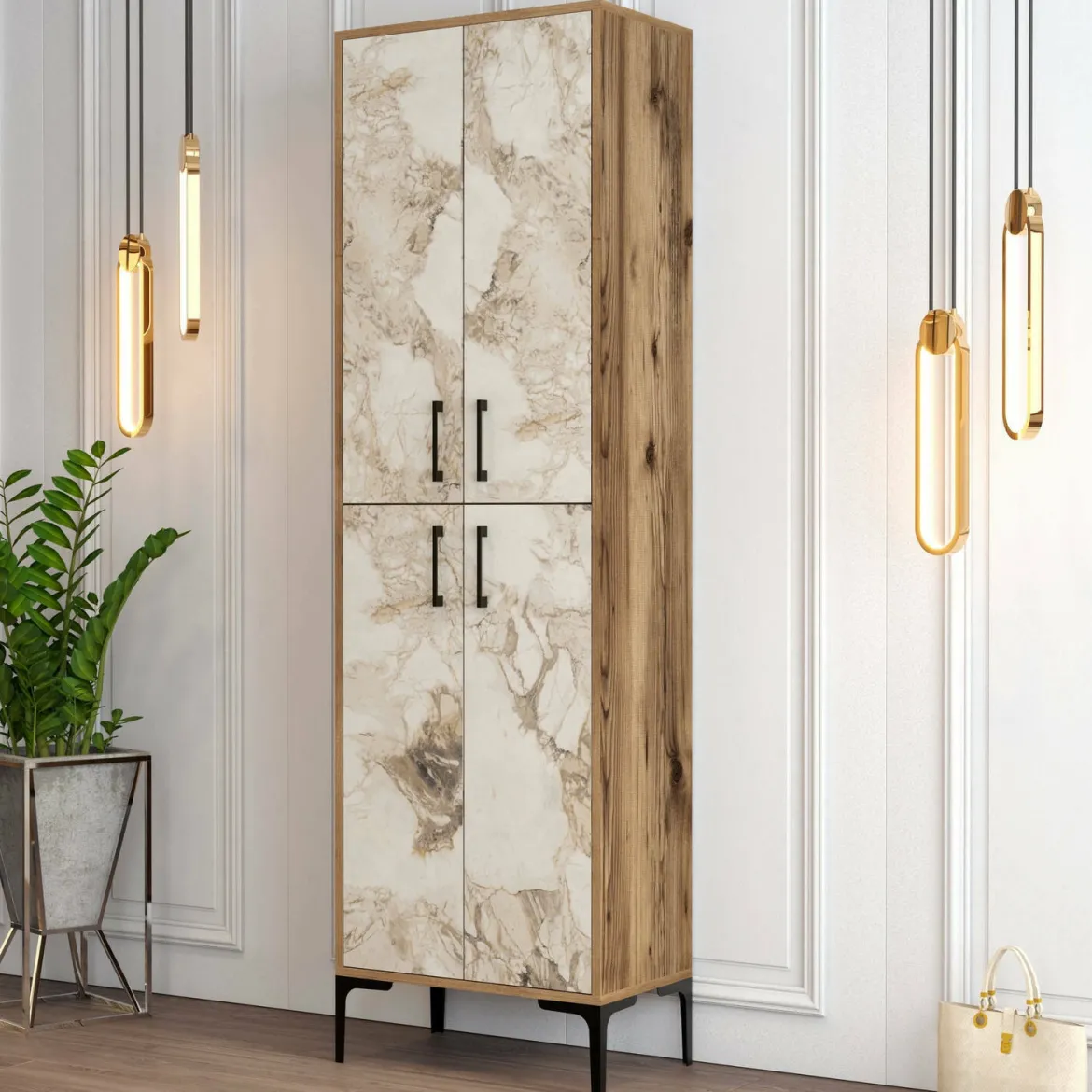 Scarpiera Dolivier, 60x35h200 cm, Noce e Bianco Marmo