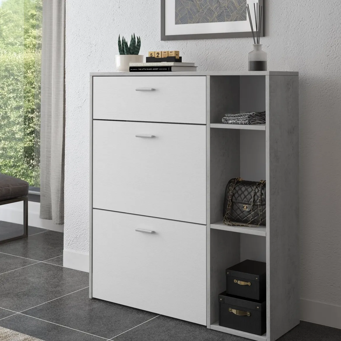 Scarpiera Grigio Cemento Bianco 90x26x102h cm, un Cassetto - Samassi