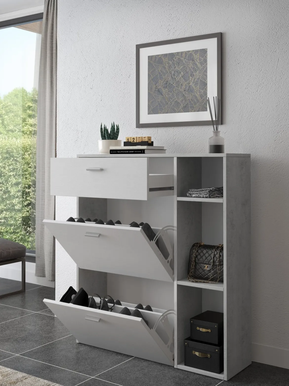 Scarpiera Grigio Cemento Bianco 90x26x102h cm, un Cassetto - Samassi