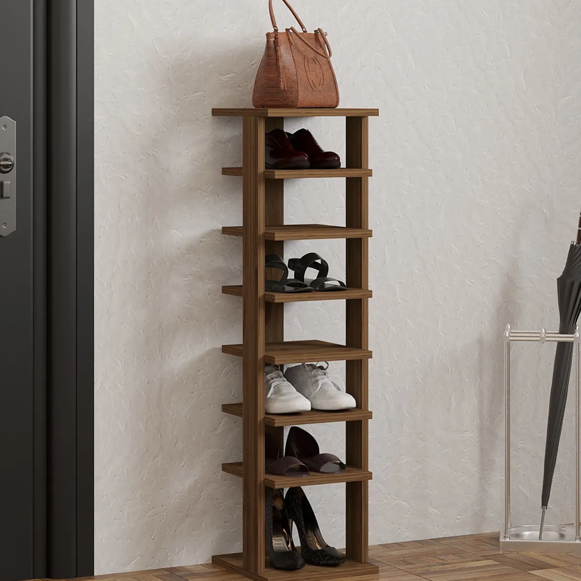 Scarpiera Marrone Noce 8 Paia 8 Ripiani 30x30x110h cm, 7 Vani - Soddi