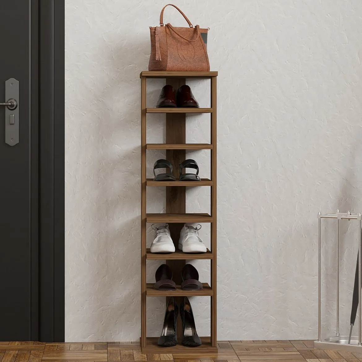 Scarpiera Marrone Noce 8 Paia 8 Ripiani 30x30x110h cm, 7 Vani - Soddi