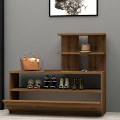 Scarpiera Marrone Noce 4 Ripiani 12 Paia 100x30x85h cm, Un'anta - Sinni