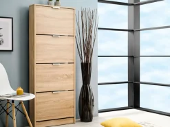 Scarpiera Marrone Rovere Chiaro un Ripiano 4 Ante 58x18x155.5h cm, kit Fissaggio a Muro Incluso - Pesche